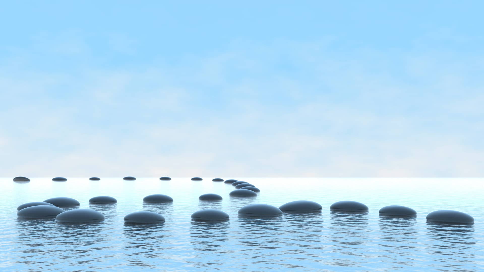 Harmony concept. Pebble path on the water over blue sky